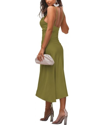 Women's Satin Spaghetti Straps Cowl Neck Sexy Ruch Cocktail Midi Dresses Olive Green $18.48 Dresses