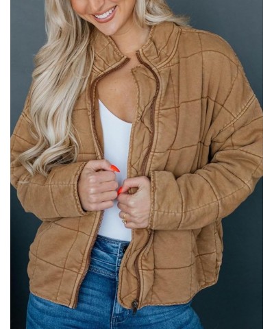 Womens Dolman Quilted Lightweight Jackets Full-zip Stand Collar Loose Warm Winter Outwears with Pockets Brown $20.64 Jackets