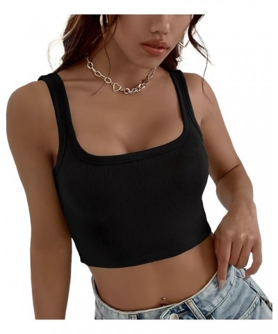 Women's Sleeveless Ribbed Crop Tank Top Scoop Neck Fitted Sexy Gym Workout Shirt Made in USA Black $10.32 Tanks