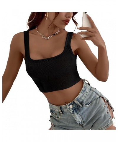 Women's Sleeveless Ribbed Crop Tank Top Scoop Neck Fitted Sexy Gym Workout Shirt Made in USA Black $10.32 Tanks