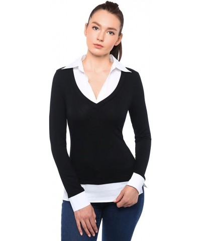 Women Faux Shirt 2 in 1 Style Long Sleeve Pullover Blouse Top Black $14.35 Blouses