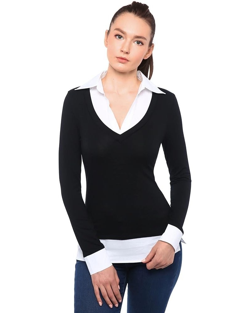 Women Faux Shirt 2 in 1 Style Long Sleeve Pullover Blouse Top Black $14.35 Blouses