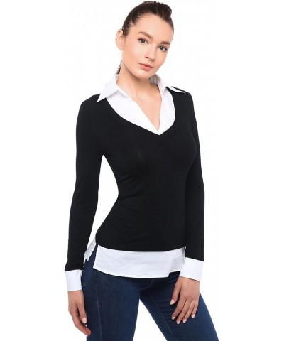 Women Faux Shirt 2 in 1 Style Long Sleeve Pullover Blouse Top Black $14.35 Blouses