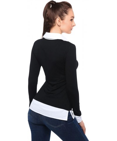 Women Faux Shirt 2 in 1 Style Long Sleeve Pullover Blouse Top Black $14.35 Blouses