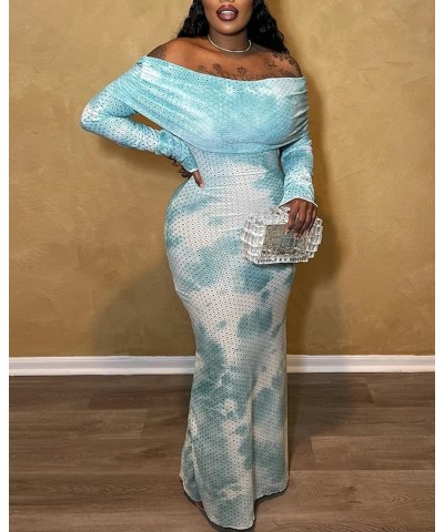 Women's Gradient Off Shoulder Maxi Dress Long Sleeve Tie Dye Pleated Bodycon Dress Nightclub Cocktail Party Dresses Blue $10....