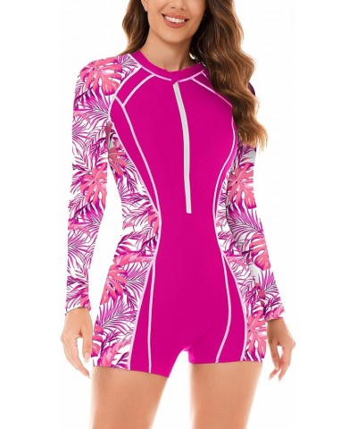 Long Sleeve with Short Leg Bathing Suit for Women One Piece Swimsuit Printed Rash Guard UV Swimwear Zip Surf Suit Rose Pink $...