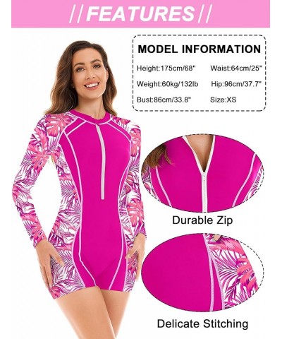 Long Sleeve with Short Leg Bathing Suit for Women One Piece Swimsuit Printed Rash Guard UV Swimwear Zip Surf Suit Rose Pink $...