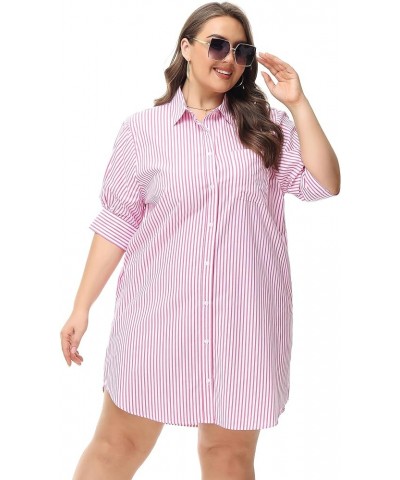 Women's Oversized Short-Sleeve Shirt Dress Plus Size Casual Button Shirt Dress with Pockets Solid Stripe (S-4X) Plus Size 119...