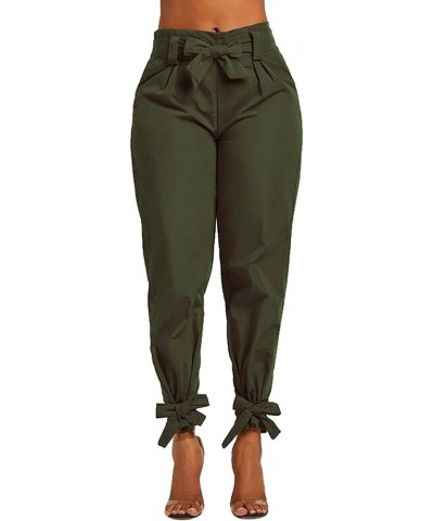 Women's Casual Paper Bag Waist Pencil Pants Solid Ruffle Bow Tie Slim Fit Work Trousers with Belt A-green $10.50 Pants