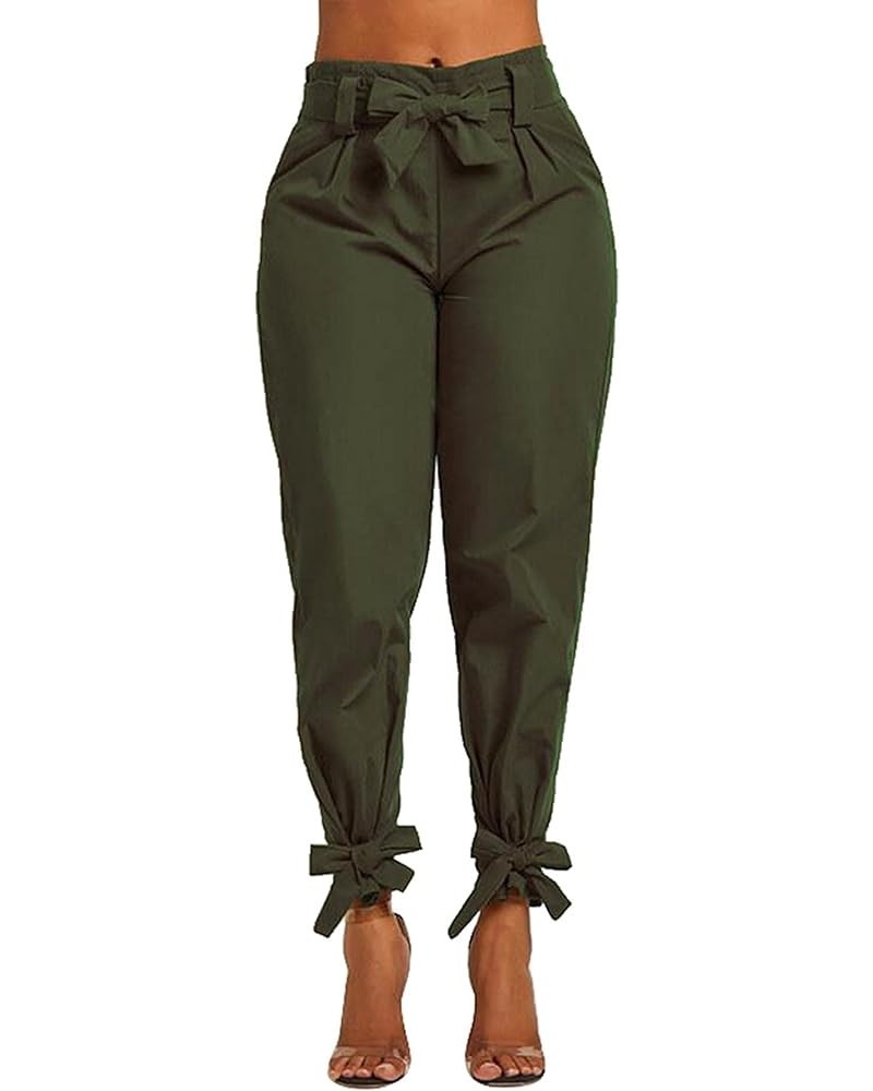 Women's Casual Paper Bag Waist Pencil Pants Solid Ruffle Bow Tie Slim Fit Work Trousers with Belt A-green $10.50 Pants