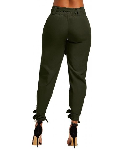 Women's Casual Paper Bag Waist Pencil Pants Solid Ruffle Bow Tie Slim Fit Work Trousers with Belt A-green $10.50 Pants