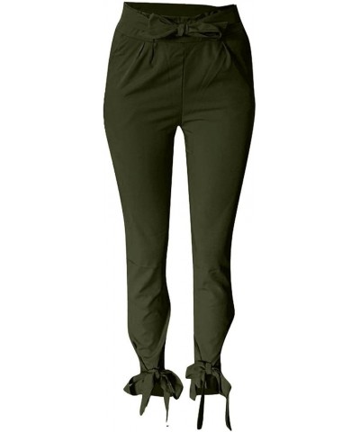 Women's Casual Paper Bag Waist Pencil Pants Solid Ruffle Bow Tie Slim Fit Work Trousers with Belt A-green $10.50 Pants