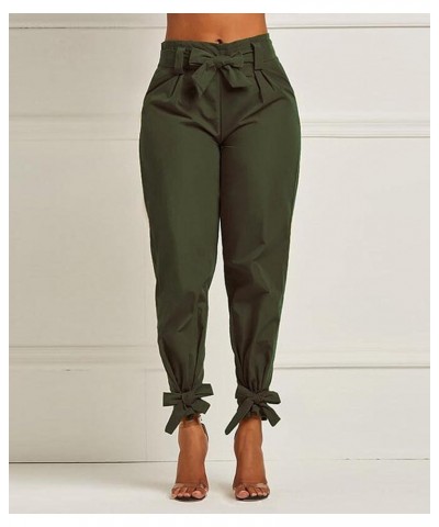 Women's Casual Paper Bag Waist Pencil Pants Solid Ruffle Bow Tie Slim Fit Work Trousers with Belt A-green $10.50 Pants