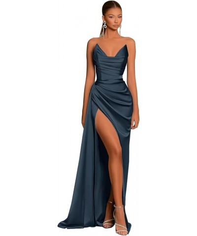 Mermaid Satin Prom Dresses Long with Slit Bridesmaid Dresses V Neck Strapless Women’s Formal Evening Gowns Navy Blue $35.77 D...