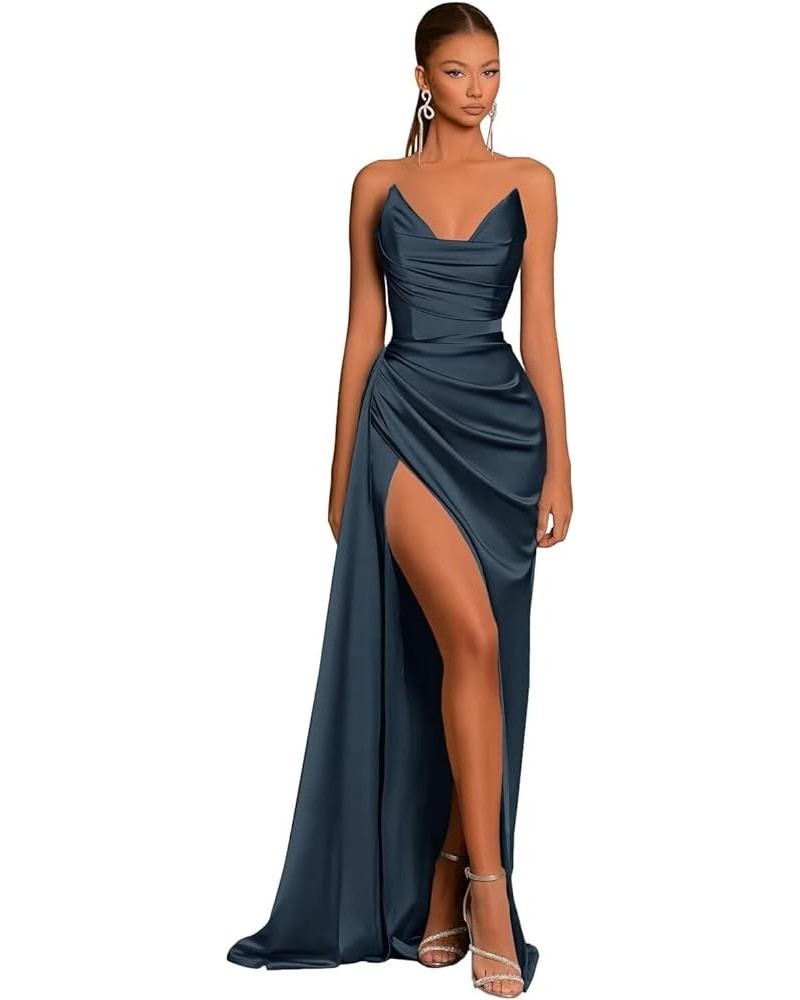 Mermaid Satin Prom Dresses Long with Slit Bridesmaid Dresses V Neck Strapless Women’s Formal Evening Gowns Navy Blue $35.77 D...