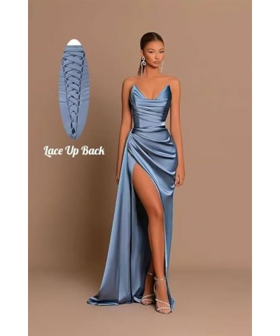 Mermaid Satin Prom Dresses Long with Slit Bridesmaid Dresses V Neck Strapless Women’s Formal Evening Gowns Navy Blue $35.77 D...