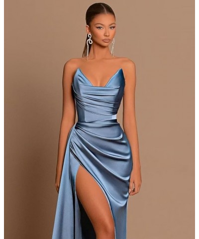 Mermaid Satin Prom Dresses Long with Slit Bridesmaid Dresses V Neck Strapless Women’s Formal Evening Gowns Navy Blue $35.77 D...