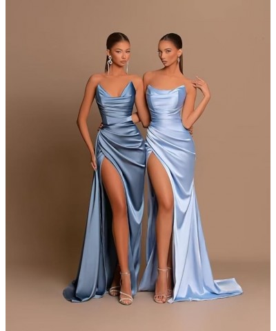 Mermaid Satin Prom Dresses Long with Slit Bridesmaid Dresses V Neck Strapless Women’s Formal Evening Gowns Navy Blue $35.77 D...