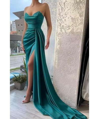 Mermaid Satin Prom Dresses Long with Slit Bridesmaid Dresses V Neck Strapless Women’s Formal Evening Gowns Navy Blue $35.77 D...