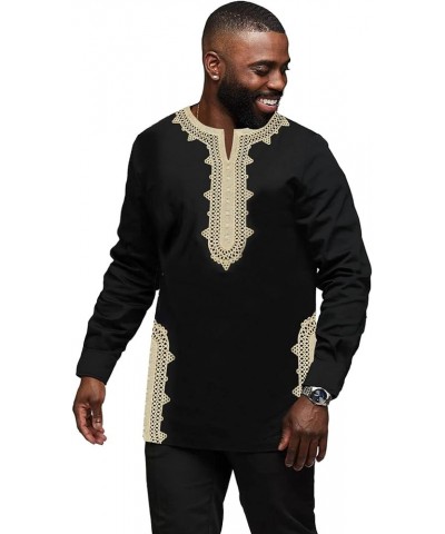 Men Tunic T-Shirt Caftan Shirt Breathable Polyester Fiber Handmade Embroidery Ethnic Tops Tee Black-gold $15.19 Others