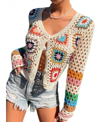 Women's Crochet Beach Cover Up Button Front Hollow Out Cardigan Sweater Multicolor $22.61 Sweaters