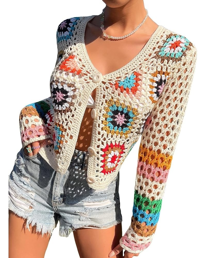 Women's Crochet Beach Cover Up Button Front Hollow Out Cardigan Sweater Multicolor $22.61 Sweaters