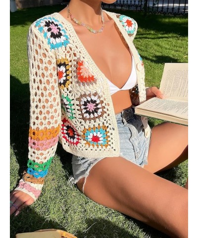 Women's Crochet Beach Cover Up Button Front Hollow Out Cardigan Sweater Multicolor $22.61 Sweaters