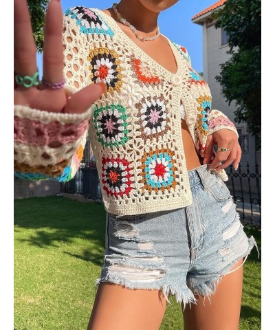 Women's Crochet Beach Cover Up Button Front Hollow Out Cardigan Sweater Multicolor $22.61 Sweaters