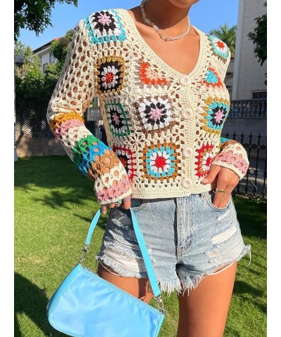 Women's Crochet Beach Cover Up Button Front Hollow Out Cardigan Sweater Multicolor $22.61 Sweaters