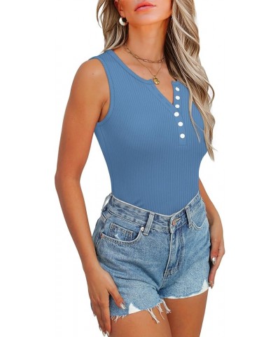 Tank Tops for Women 2024 Casual Summer Sleeveless Ribbed Slim Fit Henley Shirts Button Front Blue $8.39 Tanks