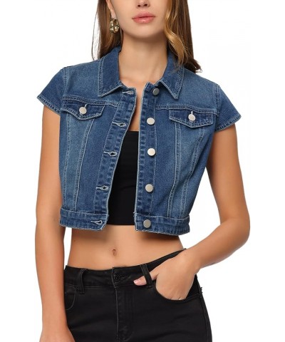 Women's 2024 Summer Button Down Cap Short Sleeve Cropped Jean Denim Jacket Blue $24.83 Jackets