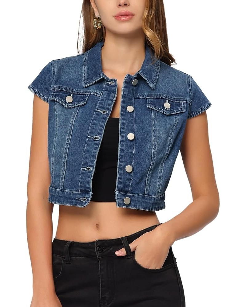 Women's 2024 Summer Button Down Cap Short Sleeve Cropped Jean Denim Jacket Blue $24.83 Jackets