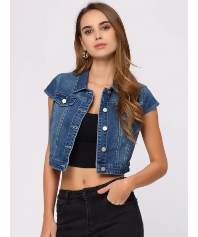 Women's 2024 Summer Button Down Cap Short Sleeve Cropped Jean Denim Jacket Blue $24.83 Jackets