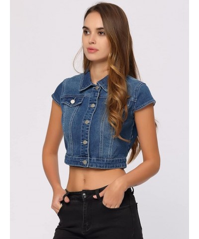 Women's 2024 Summer Button Down Cap Short Sleeve Cropped Jean Denim Jacket Blue $24.83 Jackets