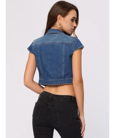 Women's 2024 Summer Button Down Cap Short Sleeve Cropped Jean Denim Jacket Blue $24.83 Jackets