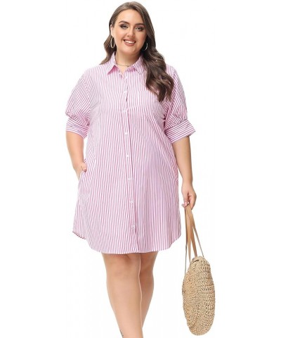 Women's Oversized Short-Sleeve Shirt Dress Plus Size Casual Button Shirt Dress with Pockets Solid Stripe (S-4X) Plus Size 119...