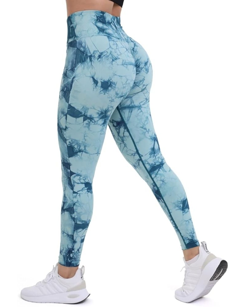 Butt Lifting Seamless Leggings for Women Workout Tights Tummy Control Gym Exercise Girls Ribbed Yoga Pants Tie-dye Cyan $12.1...