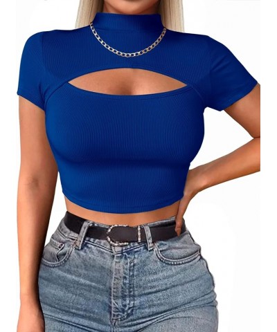 Womens Basic Short Sleeve Crop Tops Cutout Front Bodycon T-Shirts XS-XXL Z-royal Blue(short Sleeve) $8.84 T-Shirts