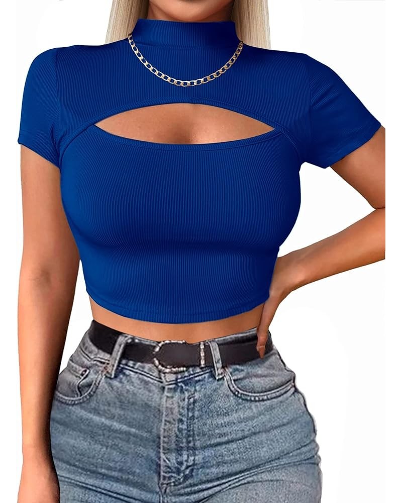 Womens Basic Short Sleeve Crop Tops Cutout Front Bodycon T-Shirts XS-XXL Z-royal Blue(short Sleeve) $8.84 T-Shirts