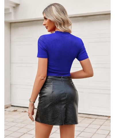 Womens Basic Short Sleeve Crop Tops Cutout Front Bodycon T-Shirts XS-XXL Z-royal Blue(short Sleeve) $8.84 T-Shirts