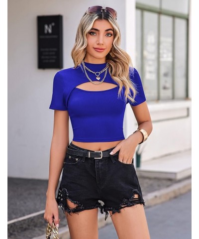 Womens Basic Short Sleeve Crop Tops Cutout Front Bodycon T-Shirts XS-XXL Z-royal Blue(short Sleeve) $8.84 T-Shirts