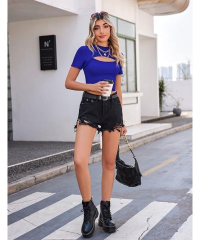 Womens Basic Short Sleeve Crop Tops Cutout Front Bodycon T-Shirts XS-XXL Z-royal Blue(short Sleeve) $8.84 T-Shirts