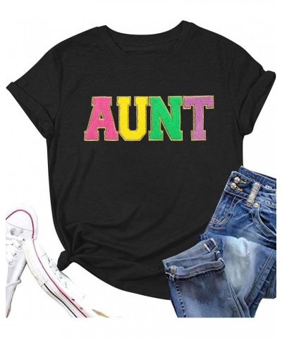 Aunt Shirt Women Cool Aunts Club T-Shirt Auntie Letter Print Shirt Cute Glitter Patch Graphic Aunt Gifts Tee Tops Black $9.84...