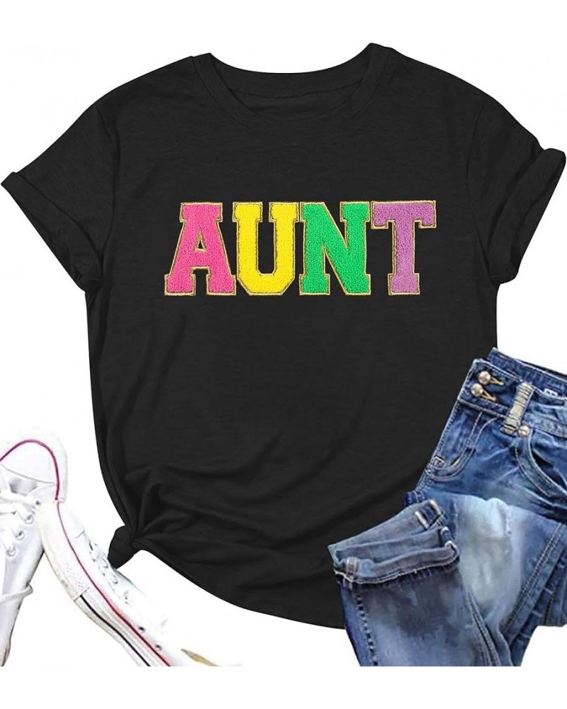 Aunt Shirt Women Cool Aunts Club T-Shirt Auntie Letter Print Shirt Cute Glitter Patch Graphic Aunt Gifts Tee Tops Black $9.84...