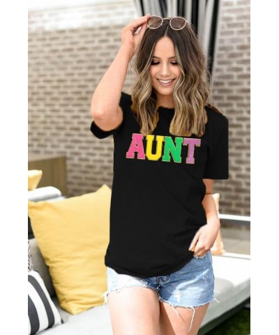 Aunt Shirt Women Cool Aunts Club T-Shirt Auntie Letter Print Shirt Cute Glitter Patch Graphic Aunt Gifts Tee Tops Black $9.84...