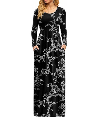 Women Casual Long Sleeve Maxi Dresses Empire Waist Long Dress with Pockets White Flower Black $15.36 Dresses