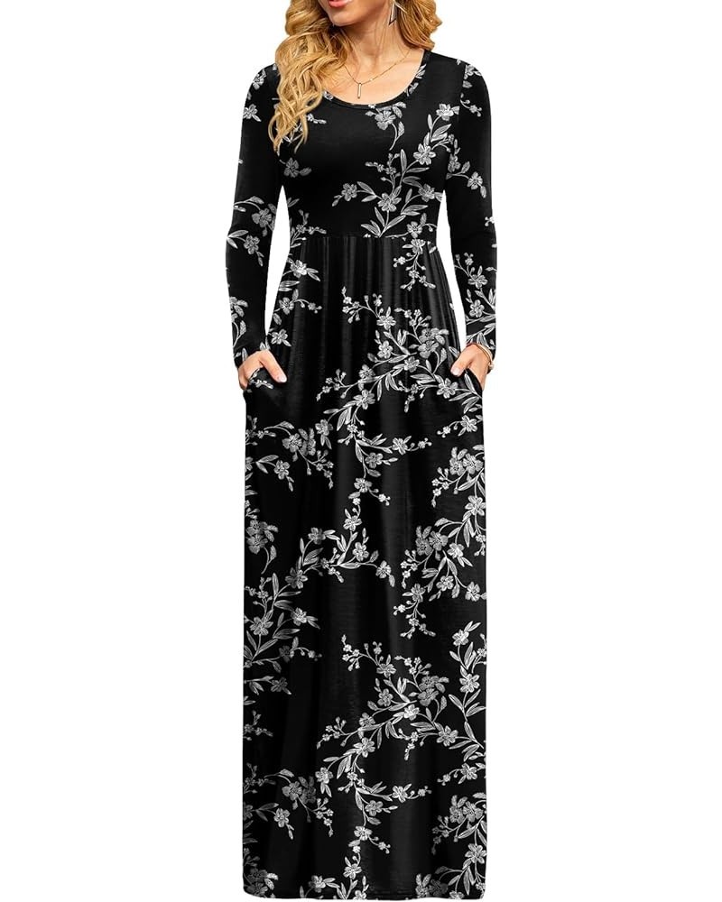 Women Casual Long Sleeve Maxi Dresses Empire Waist Long Dress with Pockets White Flower Black $15.36 Dresses