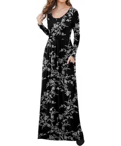 Women Casual Long Sleeve Maxi Dresses Empire Waist Long Dress with Pockets White Flower Black $15.36 Dresses