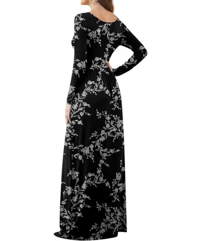 Women Casual Long Sleeve Maxi Dresses Empire Waist Long Dress with Pockets White Flower Black $15.36 Dresses