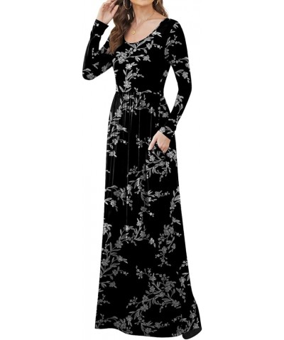 Women Casual Long Sleeve Maxi Dresses Empire Waist Long Dress with Pockets White Flower Black $15.36 Dresses